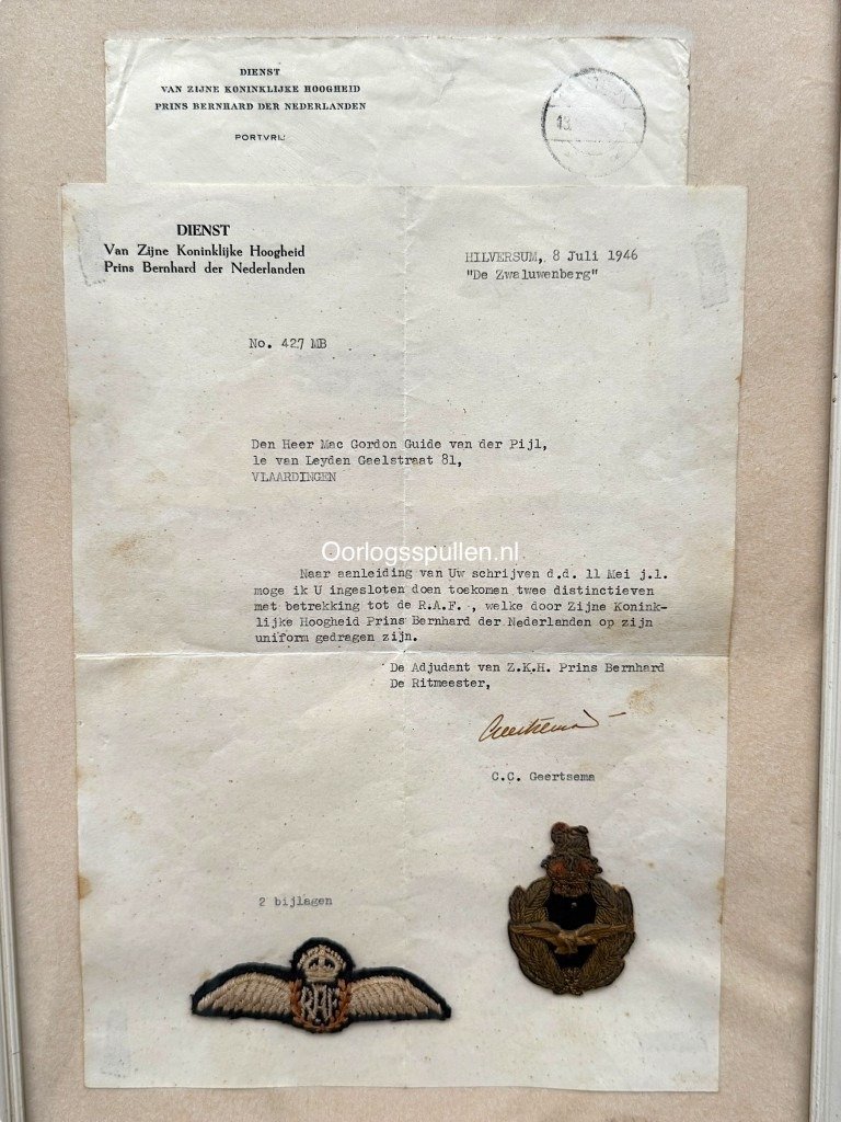 Original WWII Dutch Prins Bernhard RAF insignia with letter from his adjutant