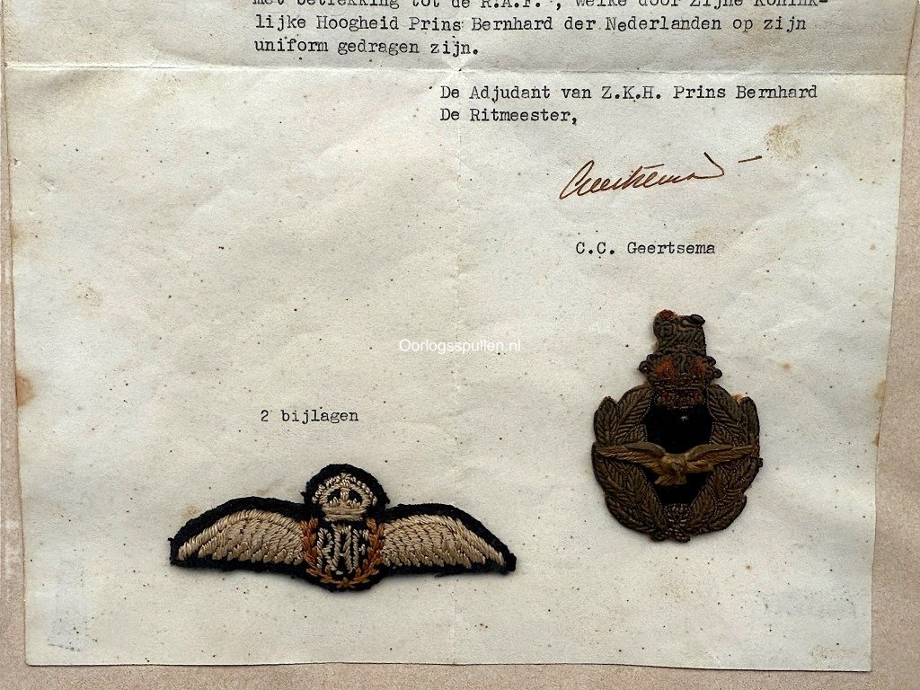 Original WWII Dutch Prins Bernhard RAF insignia with letter from his adjutant