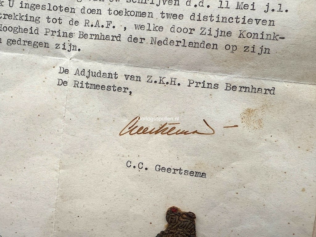 Original WWII Dutch Prins Bernhard RAF insignia with letter from his adjutant