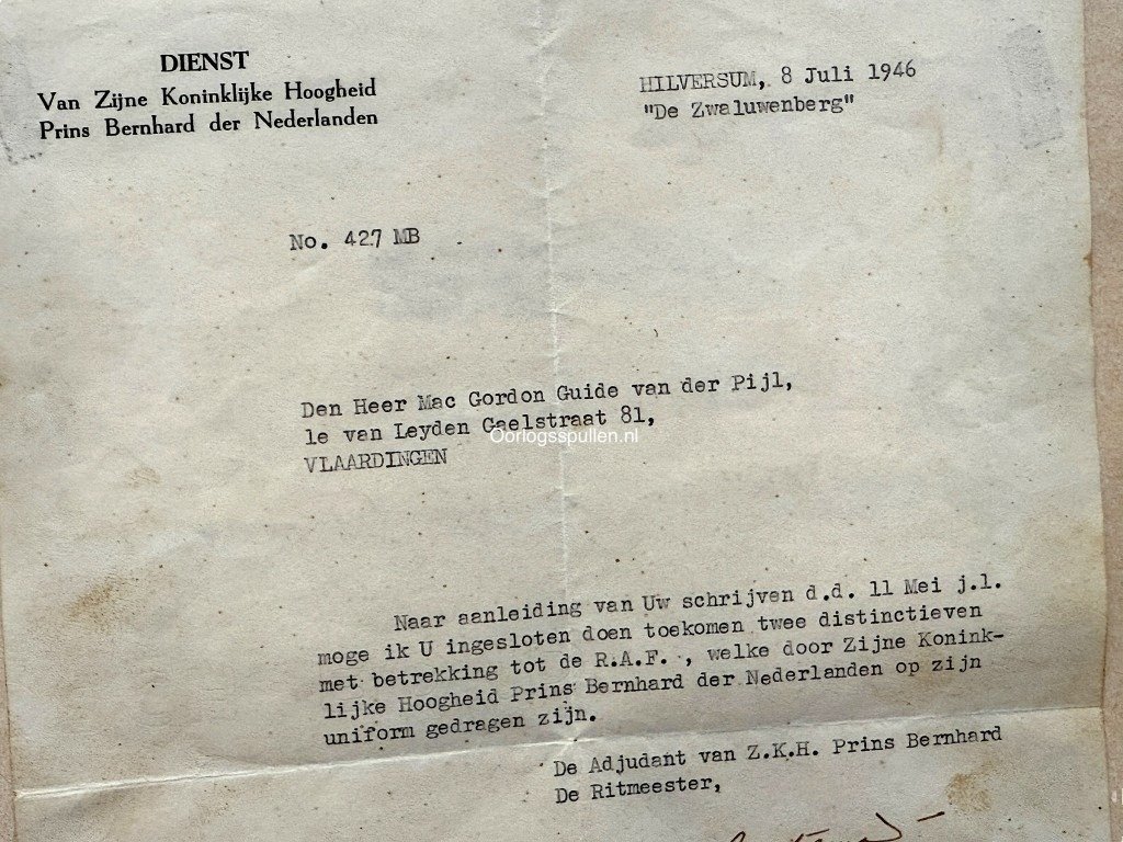 Original WWII Dutch Prins Bernhard RAF insignia with letter from his adjutant