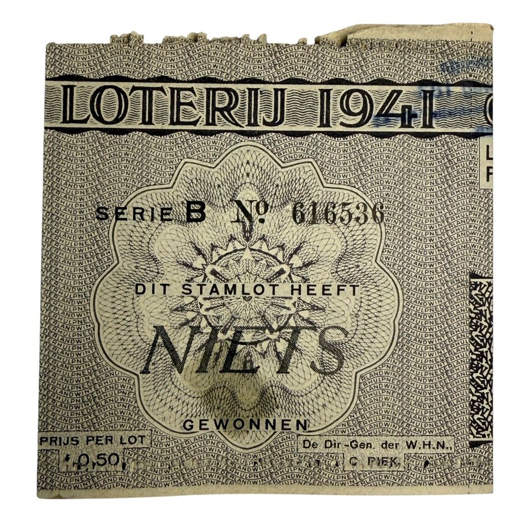 Original WWII Dutch Winterhulp Nederland lottery ticket with envelope