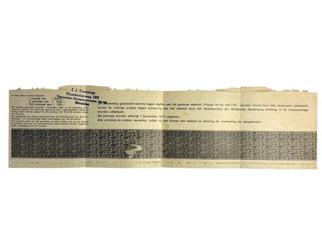 Original WWII Dutch Winterhulp Nederland lottery ticket with envelope