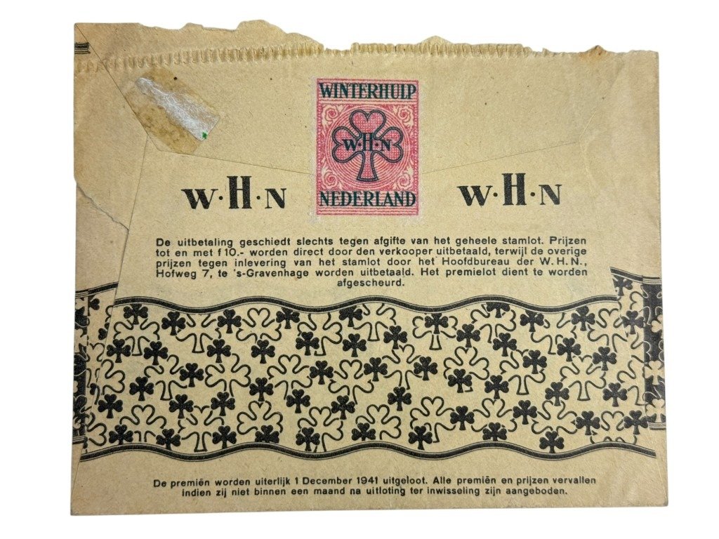 Original WWII Dutch Winterhulp Nederland lottery ticket with envelope