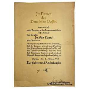 Original WWII German Appointment Certificate of Professor Dr. Otto Wenzel in Berlin 1940