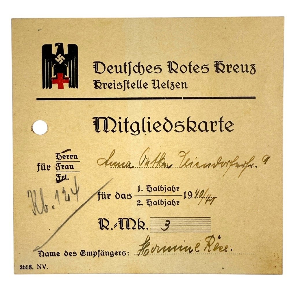 Original WWII German DRK Mitgliedskarte – Kreisstelle Uelzen