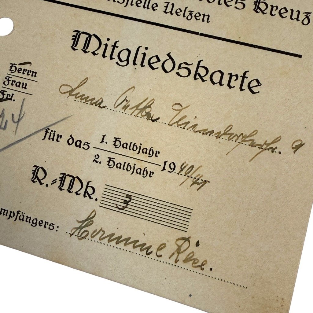 Original WWII German DRK Mitgliedskarte – Kreisstelle Uelzen