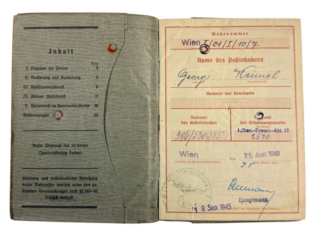 Original WWII German WH medic Wehrpass and documents set