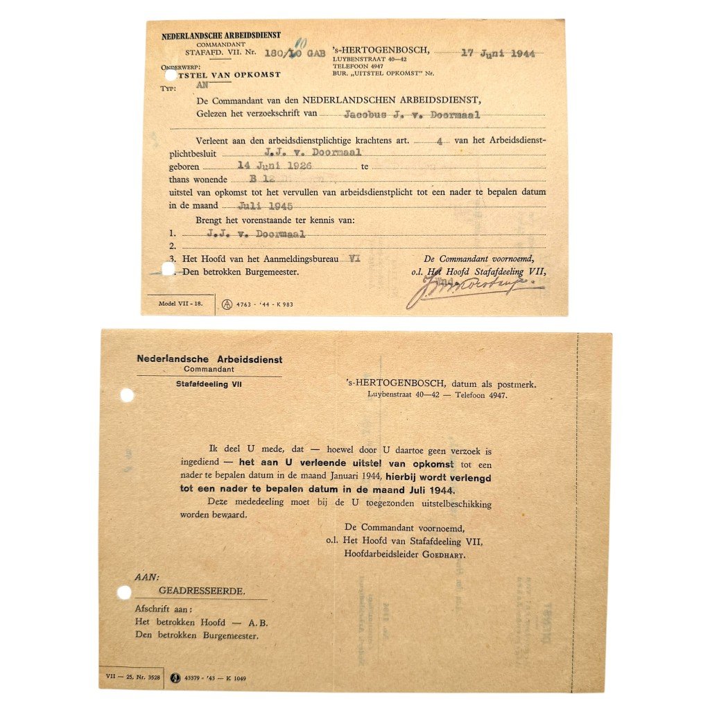 Original WWII Nederlandsche Arbeidsdienst documenten 's-Hertogenbosch