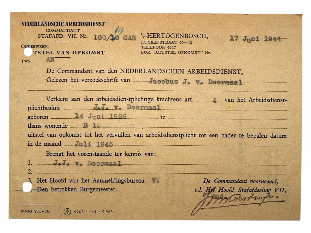 Original WWII Nederlandsche Arbeidsdienst documenten 's-Hertogenbosch