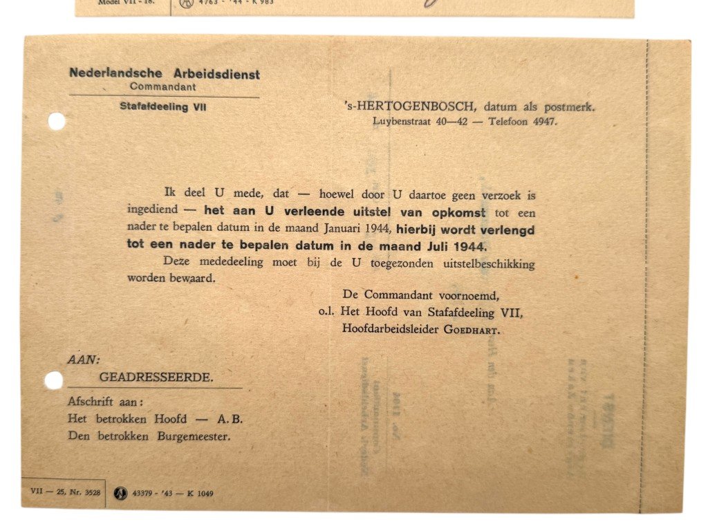 Original WWII Nederlandsche Arbeidsdienst documenten 's-Hertogenbosch