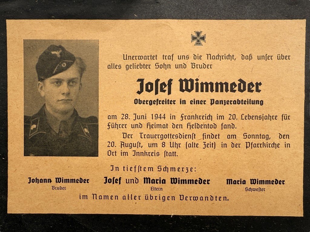 Original WWII German Panzer death card June 1944 Normandy