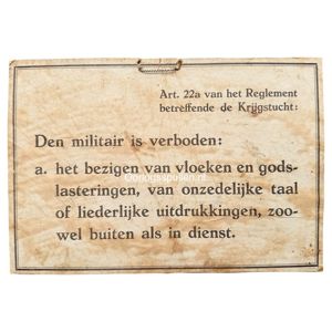 Original Pre 1940 Dutch army carton sign 'prohibition of swearing, blasphemy, and indecent language'