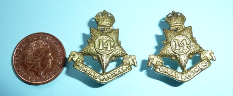 British Indian Army - 14th Punjab Regiment Matched Pair of Cast Brass Collar Badges, King's Crown