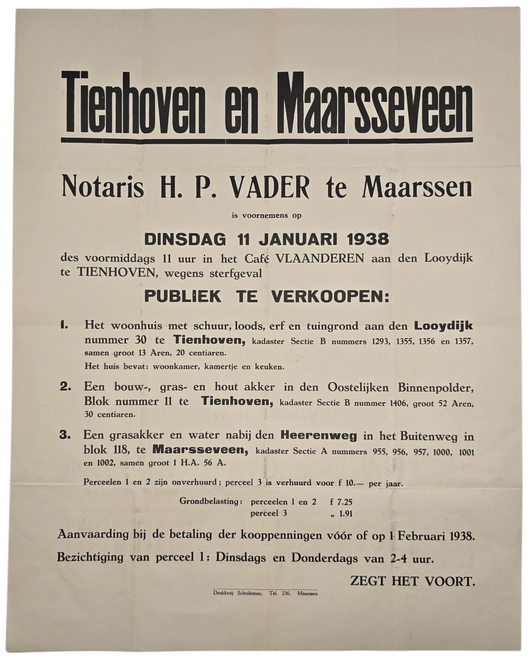Original Dutch Poster - Sale of property in Tienhoven and Maarsseveen (1938)