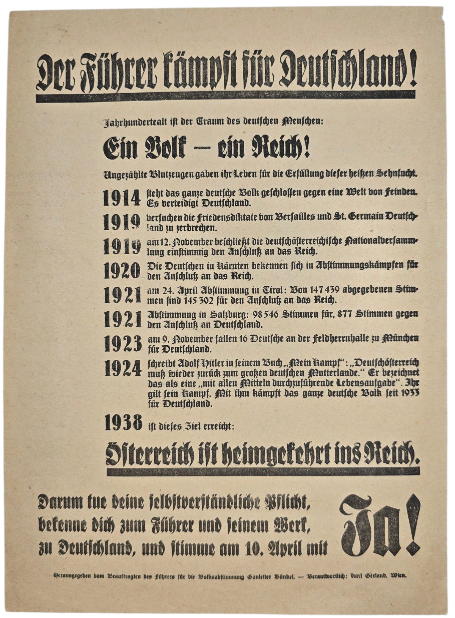 Original WW2 German NSDAP Document - Der Führer kämpft für Deutschland! Austrian propaganda flyer (1938)