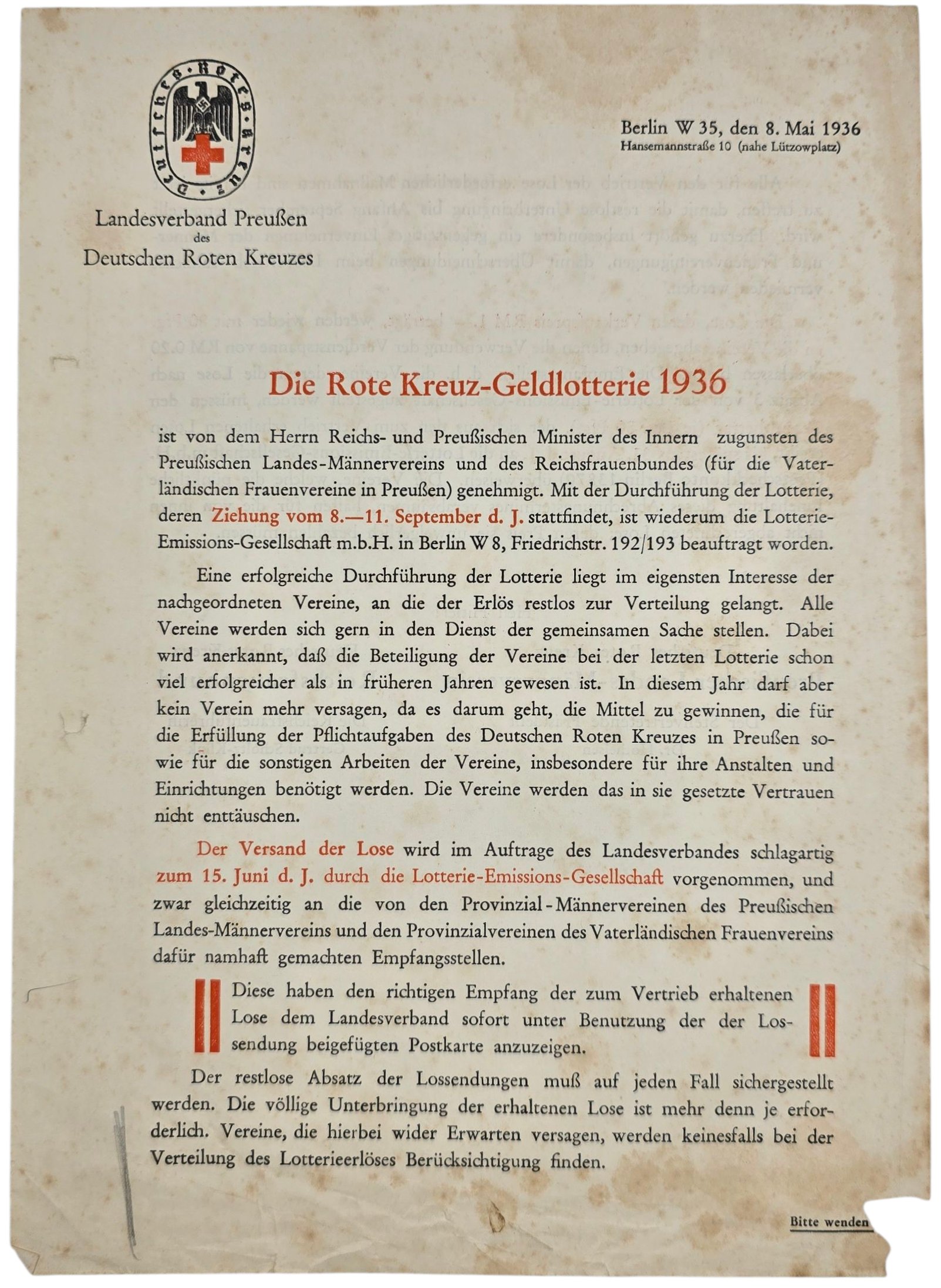 Original WW2 German Document - Die Rote Kreuz Geldlotterie, Berlin (1936)