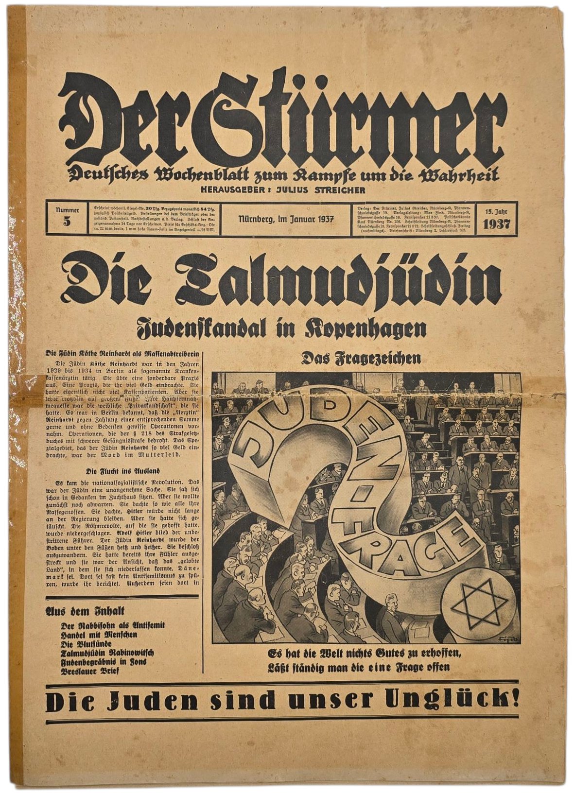 Original German Antisemitic Newspaper - Der Stürmer, Julius Streicher, 15th year No. 5 (1937)