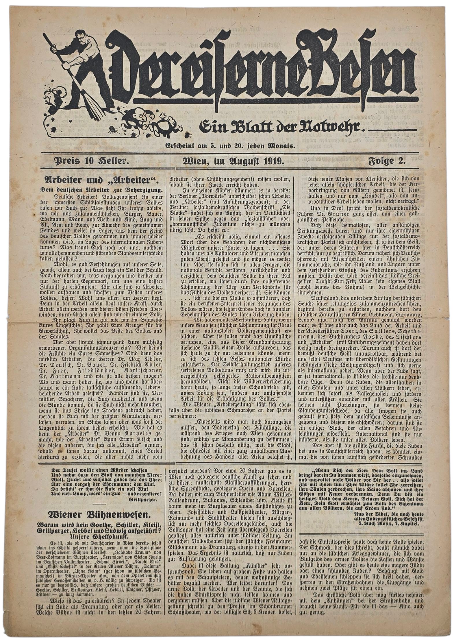 Original German Antisemitic Newspaper - Der eiserne Besen, Ein Blatt der Notwehr, Antisemitenbund (1919)