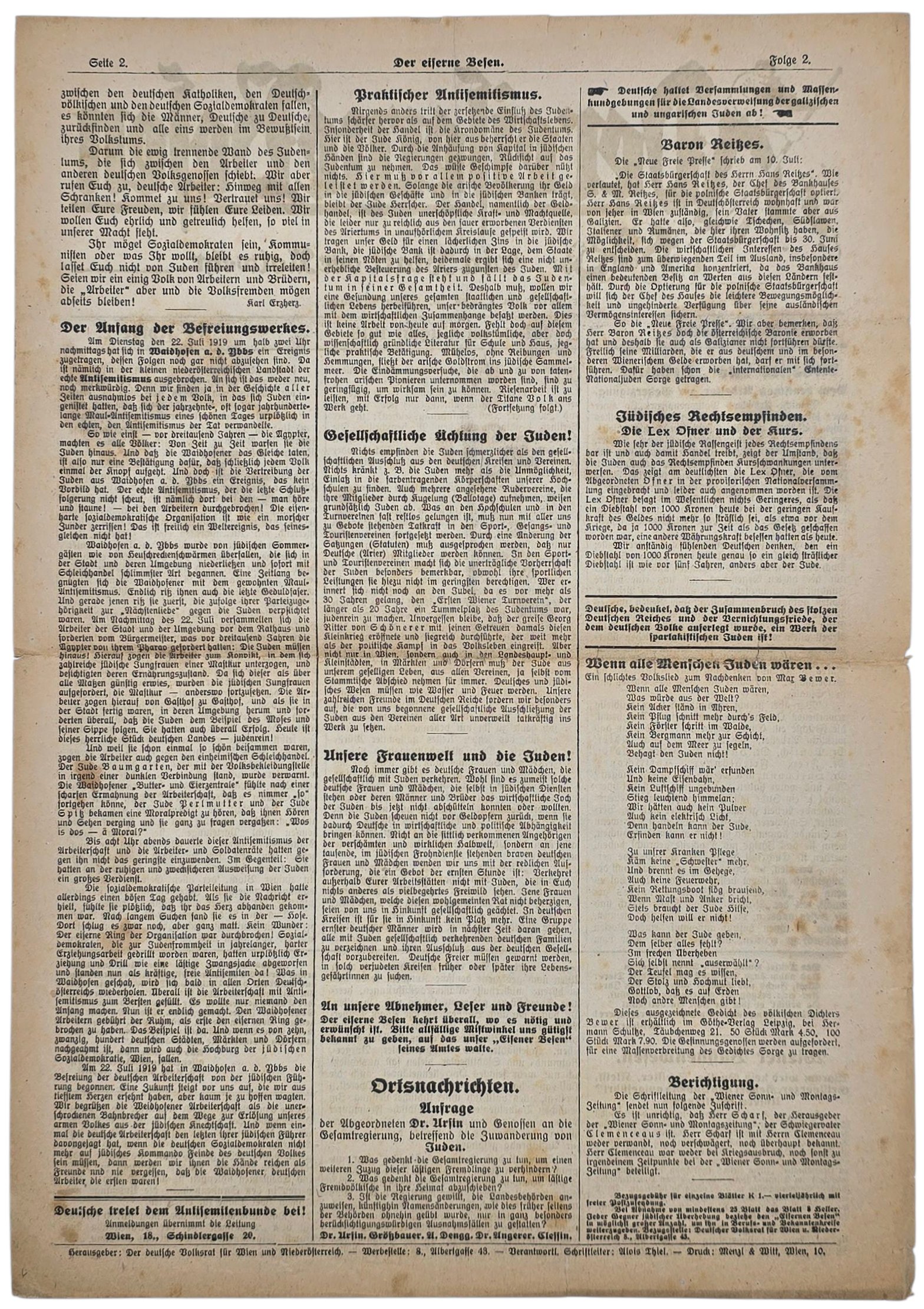 Original German Antisemitic Newspaper - Der eiserne Besen, Ein Blatt der Notwehr, Antisemitenbund (1919) — image 2
