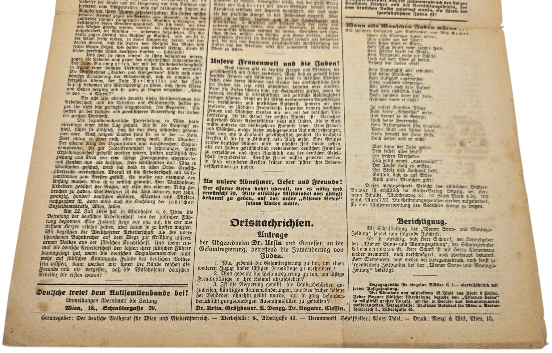 Original German Antisemitic Newspaper - Der eiserne Besen, Ein Blatt der Notwehr, Antisemitenbund (1919) — image 4