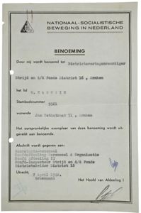 Original WW2 Dutch Collaboration NSB Document - Nomination districtsvertegenwoordiger Strijd en Fonds Arnhem (1942)