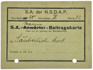 Original WW2 German NSDAP Document - SA Mann Beitragskarte Standarte 28 Grevenbroich (1935)