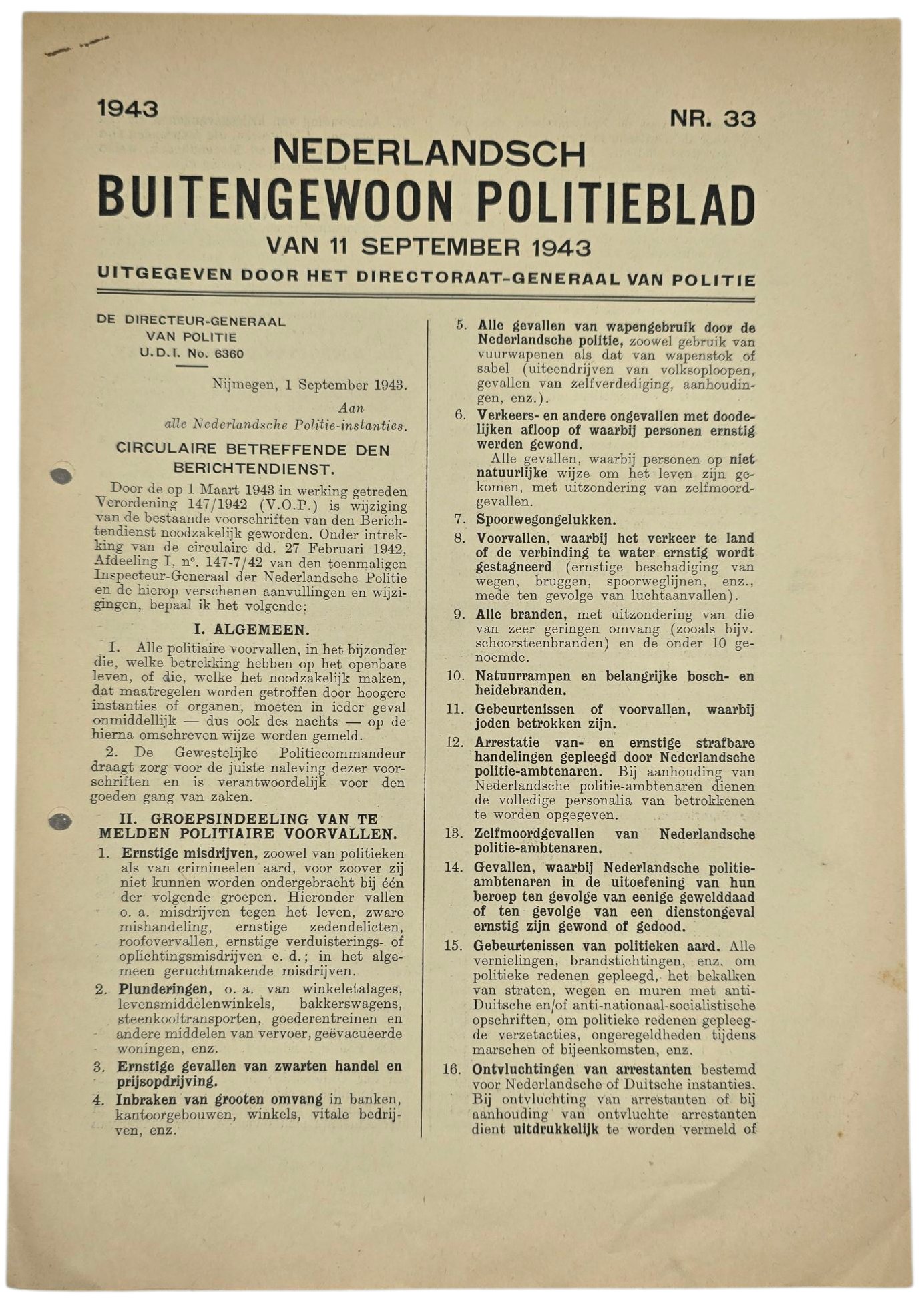 Original WW2 Dutch Document - Nederlandsch Buitengewoon Politieblad Nr. 33 (1943)