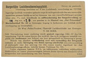 Original WW2 Dutch LBD Document - Luchtbeschermingsdienst guard work cinema Prinsenhof, Groningen (1944)