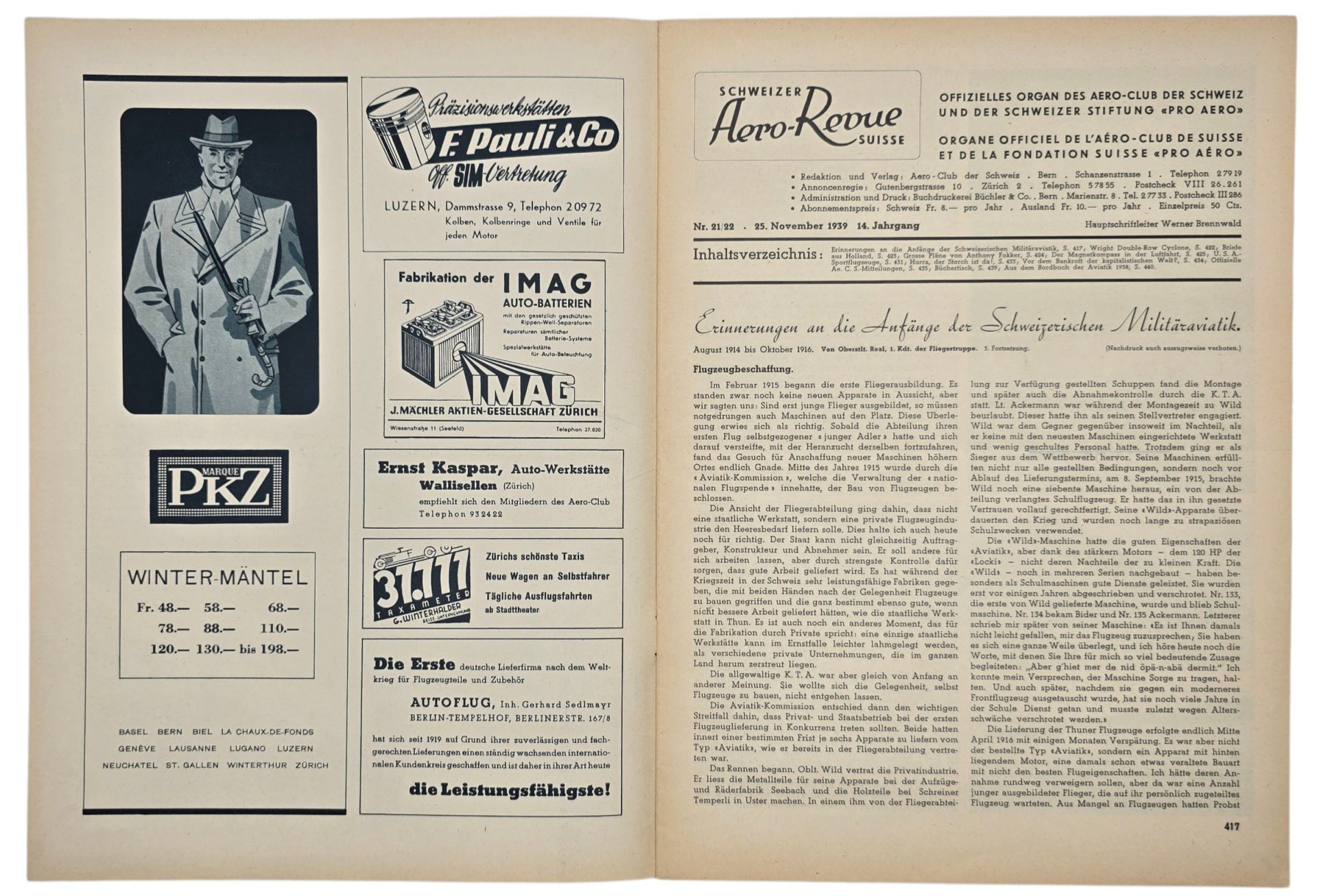 Original WW2 Swiss Magazine - Schweizer Aero-Revue Suisse, Fokker G1 Wasp cover (1939) — image 2