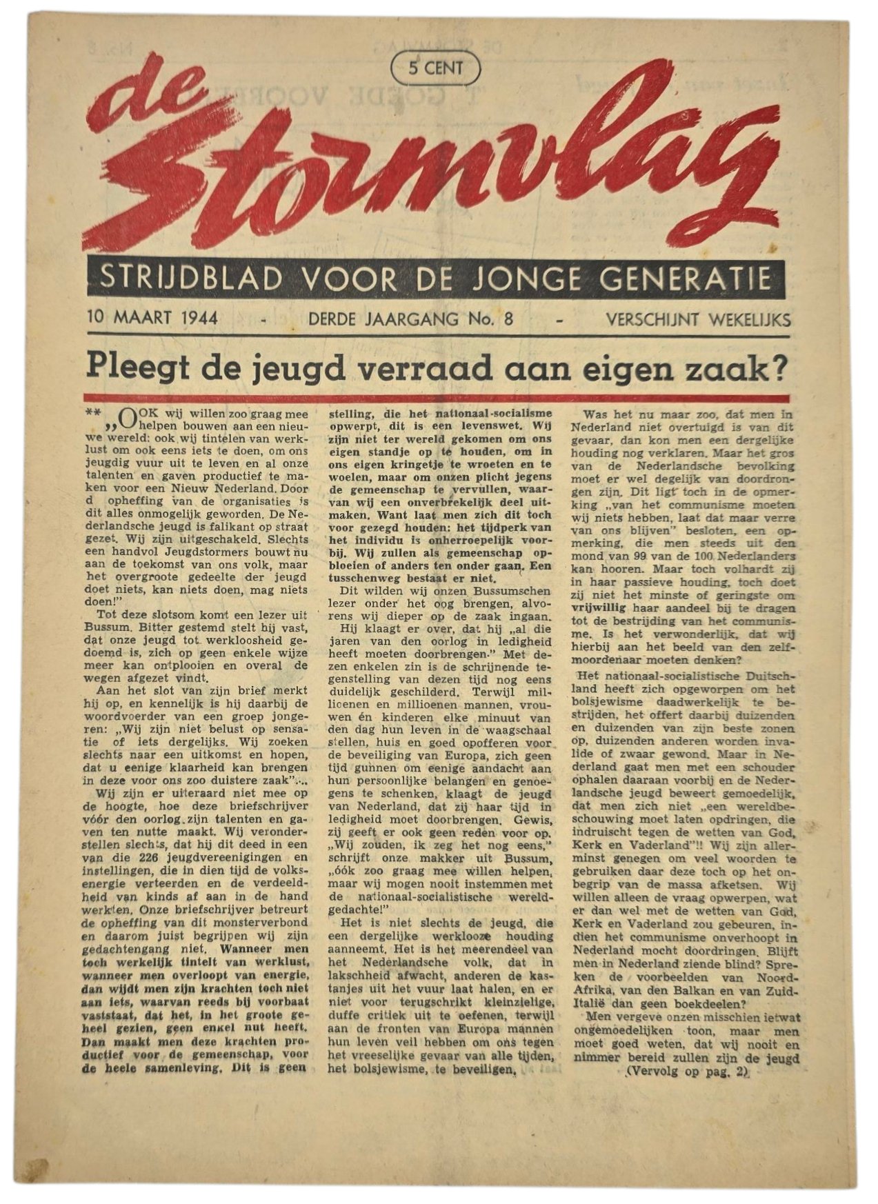 Original WW2 Dutch Collaboration NJS Newspaper - Jeugdstorm, De Stormvlag, 3rd Year No. 8 (1944)