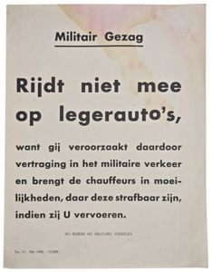 Original WW2 Dutch Liberation Poster - MG Militair Gezag No riders on military vehicles (1945)
