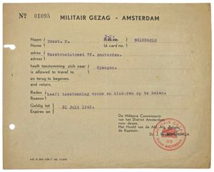 Original WW2 Dutch Document - MG Militair Gezag travel permit Nijmegen Amsterdam (1945)