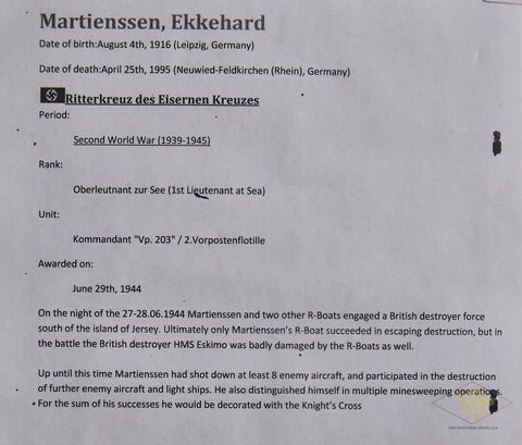 German WWII Signed Photo of Knight's Cross Winner Ekkehard Martienssen — image 3