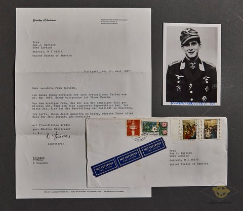 German WWII Signed Photo and Letter from Knight's Cross Winner Pilot Günther Bierbrauer