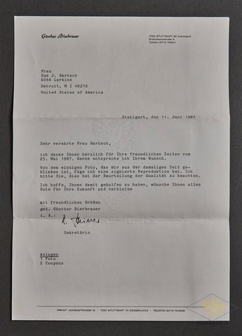 German WWII Signed Photo and Letter from Knight's Cross Winner Pilot Günther Bierbrauer — image 4