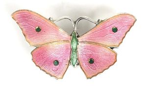 Butterfly Pink Guilloche enamel brooch numbered by J A & S