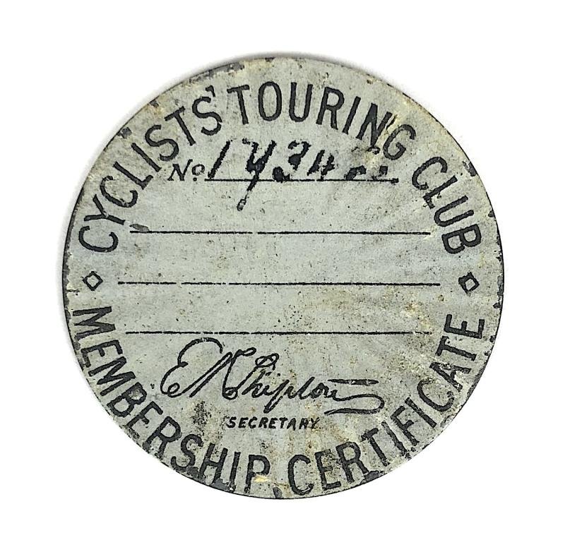 Cyclists Touring Club CTC 1907 membership certificate silver holder badge