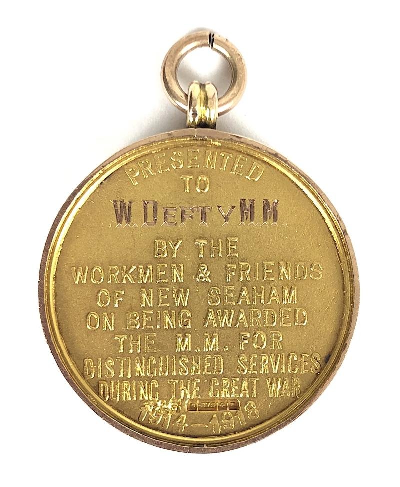 New Seaham Gold Tribute Medal 48982 Corporal William Defty RGA M.M.