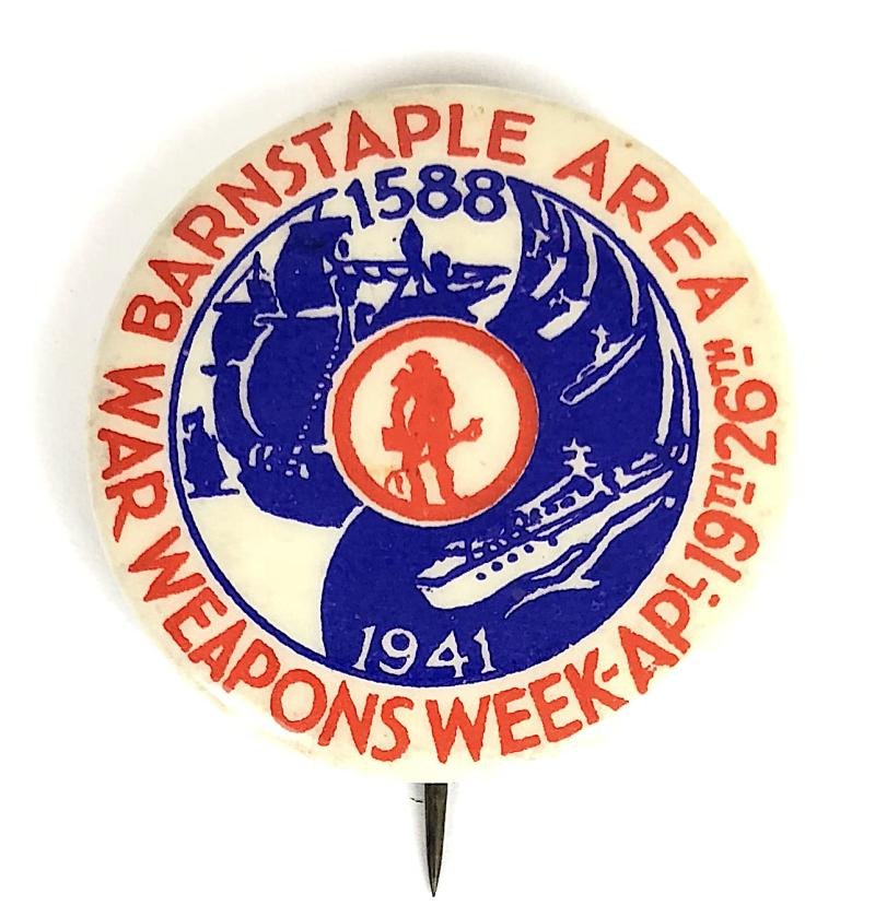 1941 Barnstaple Area War Weapons Week Warship button badge North Devon