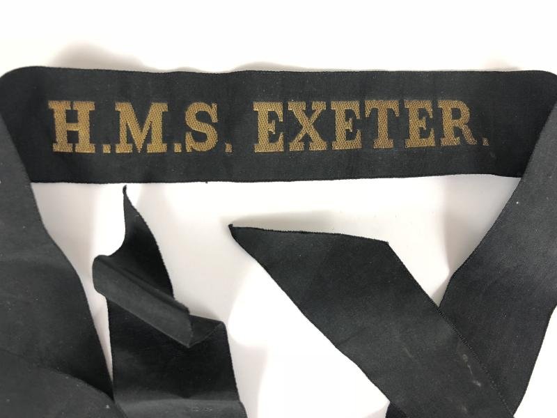 Royal Navy H.M.S. Exeter cap tally silk ribbon badge 118mm. — image 2