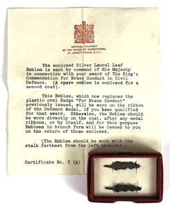 King's Commendation for Brave Conduct Silver Oak Leaf badges in Box of Issue