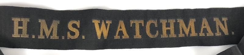 Royal Navy H.M.S. Watchman cap tally silk ribbon badge 120mm.