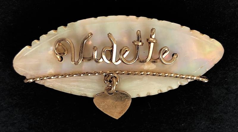 Royal Navy Ship HMS Vidette hand made wire work mother of pearl pin badge