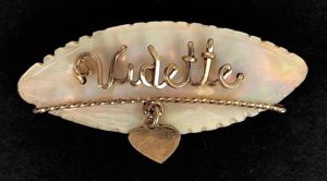 Royal Navy Ship HMS Vidette hand made wire work mother of pearl pin badge