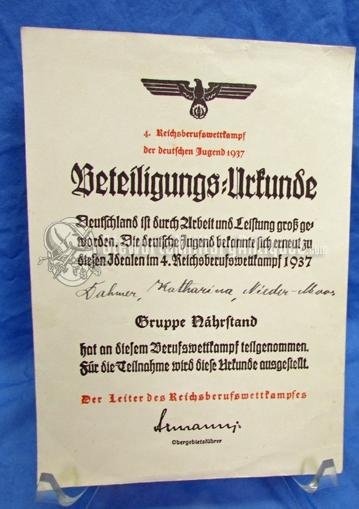  German WWII Hitler Youth Award Document, 1937 — image 2