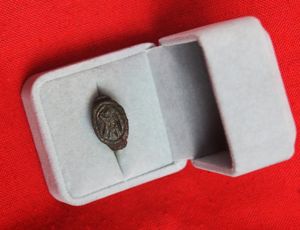 Ancient Roman Gladiator Bronze Seal Ring, With Intaglio of Standing Gladiator With Shield and Flagellum. Early Imperial  Julio-Claudian Emperors Period From The 1st Century A.D. of Emperors Augustus, Tiberious, Caligula, Claudius & Nero
