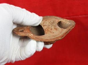 A Beautiful, Impressed Twin Head Profile Roman Oil lamp 1st to 2nd Century, Imperial Roman Province Period. From the Time of Pontus Pilate & King Herod, to The Eruptions of Pompeii