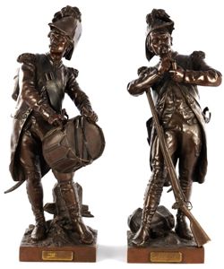 Magnificent Large Pair of Antique,19th Century French Napoleonic Bronzes of 'Old Guard' Soldiers, a Drummer & Grenadier.'Avant le Combat' & 'Apres le Combat' Henri Dumaige. French Soldiers Often Referred to Napoleon's Old Guard as 'the Immortals'