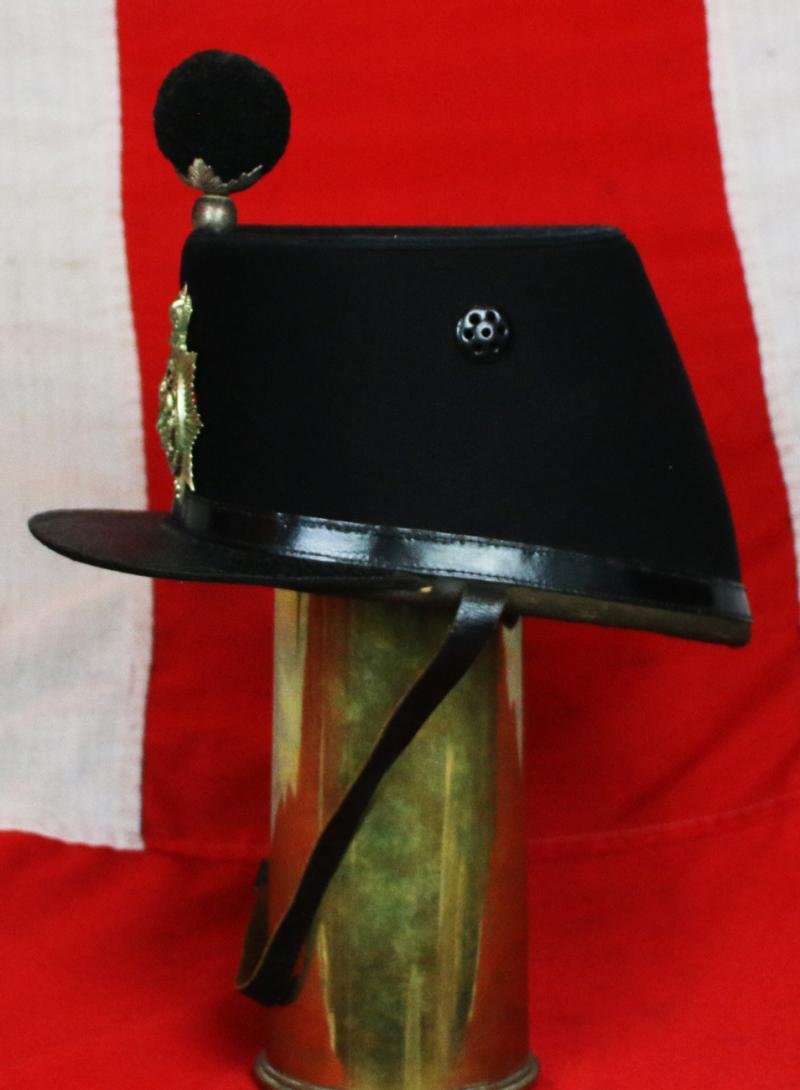 A Superb & Excellent Condition Mid Victorian Infantry Shako Service Cap, Pierced Centre, Double Crowned, With Lion Centre. General Service Shako Helmet Plate & And Rarely, Complete & Original, Leather Chin Strap