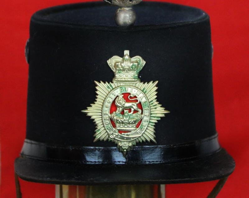 A Superb & Excellent Condition Mid Victorian Infantry Shako Service Cap, Pierced Centre, Double Crowned, With Lion Centre. General Service Shako Helmet Plate & And Rarely, Complete & Original, Leather Chin Strap